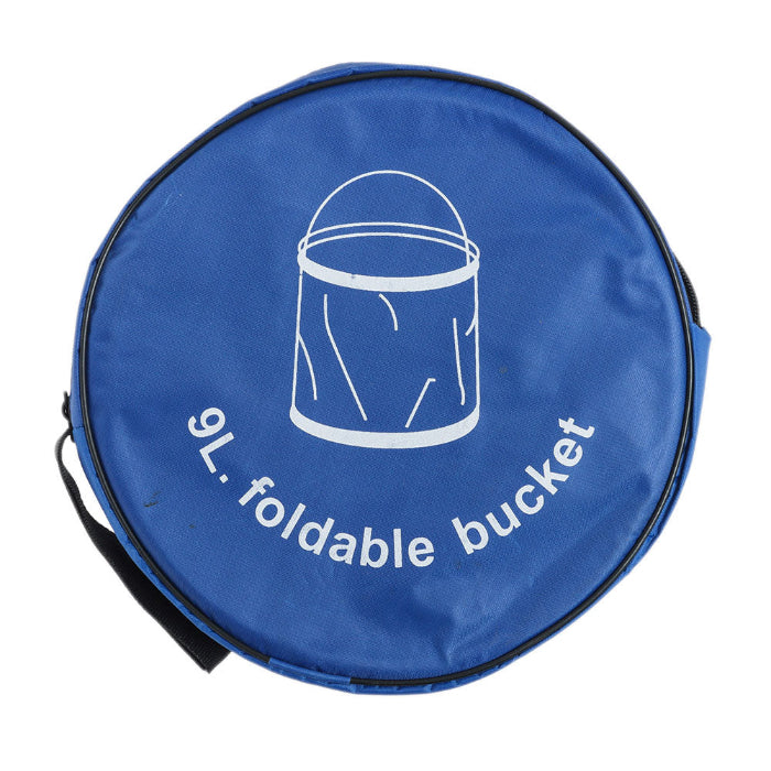 Blue foldable bucket cover with white text and icon on a white background