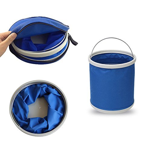Blue folding bucket with handle and zipper on a white background