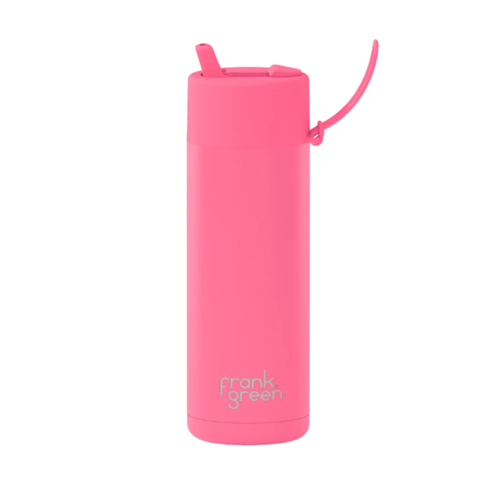 Bubblegum Frank Green bottle with flip straw lid and matching carry strap — Adventure Awaits