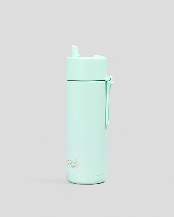 Peppermint Frank Green bottle with flip straw lid and matching carry strap — Adventure Awaits