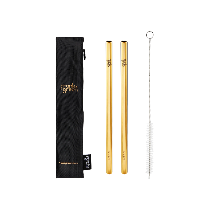 Frank Green reusable straw set with pouch, two gold straws and cleaning brush — Adventure Awaits