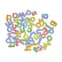 A pile of colorful alphabet letter confetti pieces in various shapes and patterns, including polka dots and stripes, scattered on a plain white background.