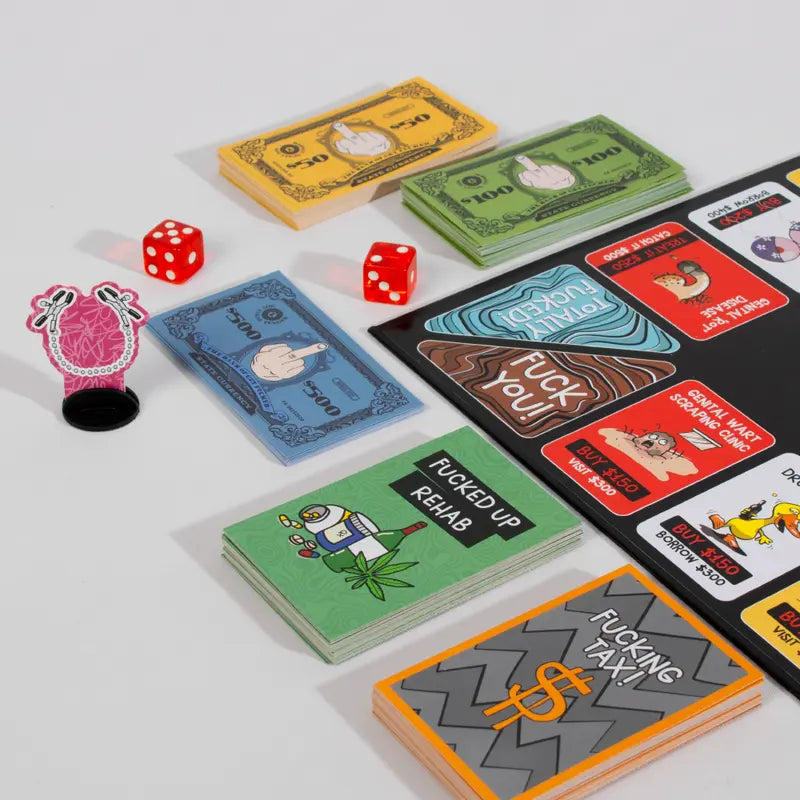 Collection of cards with humorous text and designs on a white background