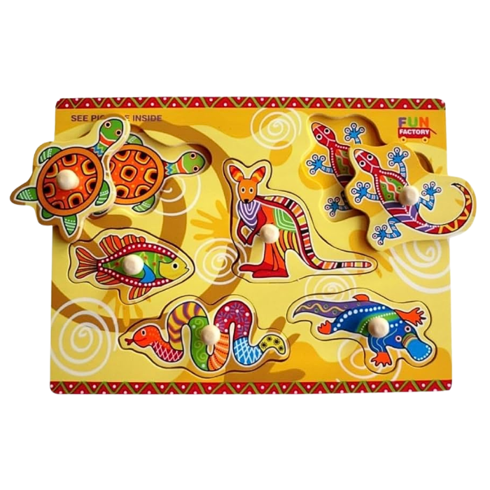 Fun Factory wooden Australian animal puzzle with turtle, kangaroo, gecko, snake, fish and platypus — Adventure Awaits