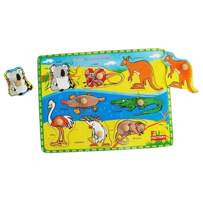 Fun Factory wooden Australian animal puzzle with koala, kangaroo, platypus, emu and crocodile — Adventure Awaits