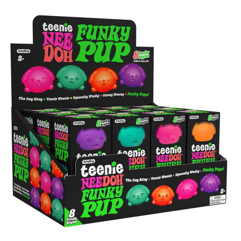 Teenie NeeDoh Funky Pup in bright colours in packaging, Adventure Awaits
