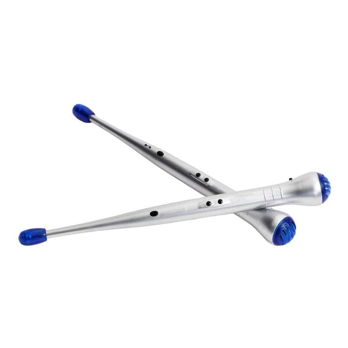 electronic digital drumsticks with silver handles and blue tips, portable musical toy that creates drum sounds on any surface for play at home or travel Adventure Awaits