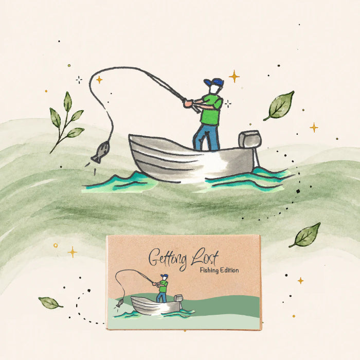 Getting Lost Fishing Edition card game box beneath an illustrated angler casting from a boat, Adventure Awaits