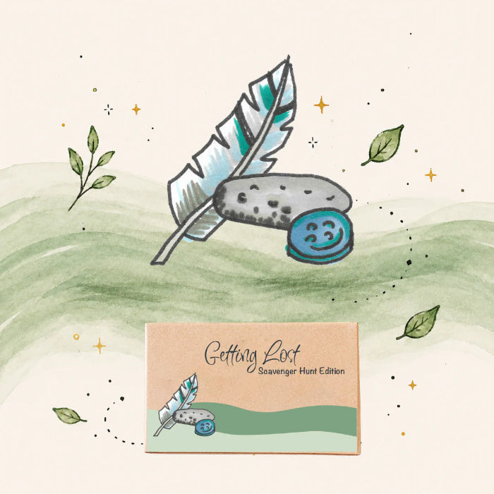 Getting Lost Scavenger Hunt Edition card game box with feather and stone artwork — Adventure Awaits