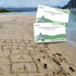 Scavenger Hunt Edition cards over beach hopscotch drawn in sand for outdoor travel play — Adventure Awaits