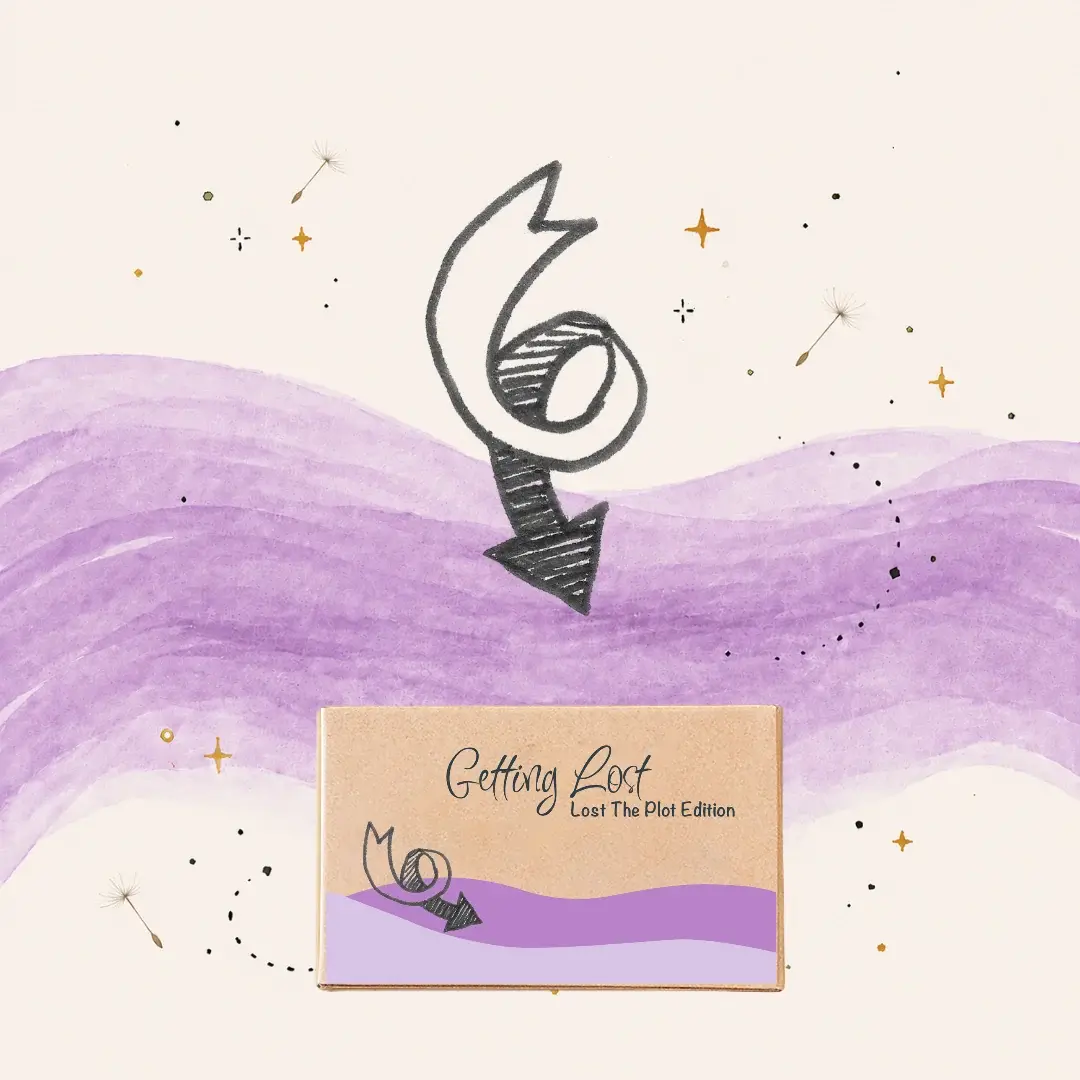 Getting Lost Lost The Plot Edition card game box with purple wave design and black arrow artwork — Adventure Awaits