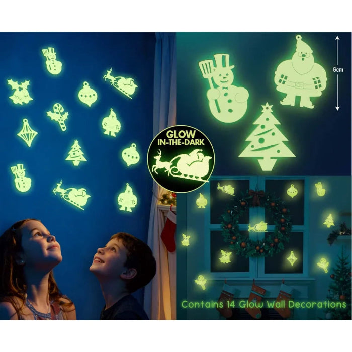 Kids looking at 14 glow-in-the-dark Christmas wall decorations including Santa, snowmen and sleigh — Adventure Awaits