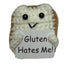 handmade crochet toast plush toy holding a humorous “Gluten Hates Me!” quote sign