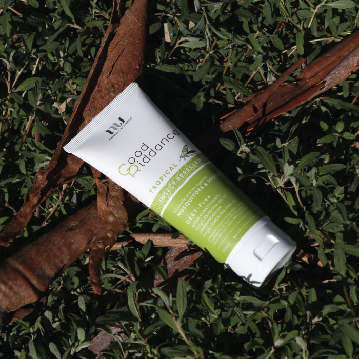 Good Riddance Tropical insect repellent tube on leaves outdoors, natural mozzie protection for camping and travel Adventure Awaits