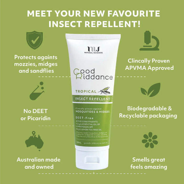 Good Riddance Tropical insect repellent infographic showing DEET free, Australian made mozzie protection benefits Adventure Awaits