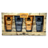 Men's Republic Skincare Minis gift set containing four tubes of grooming products (shave gel, moisturiser, post shave balm, and face wash & scrub) in a wooden-patterned box.