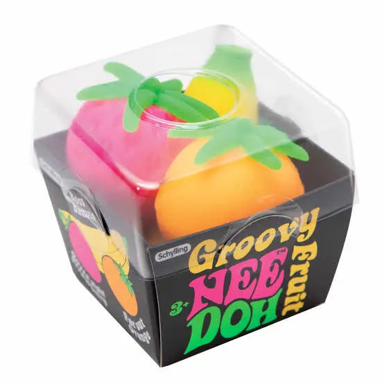Box of Schylling Groovy Nee Doh fruit toys on a white background