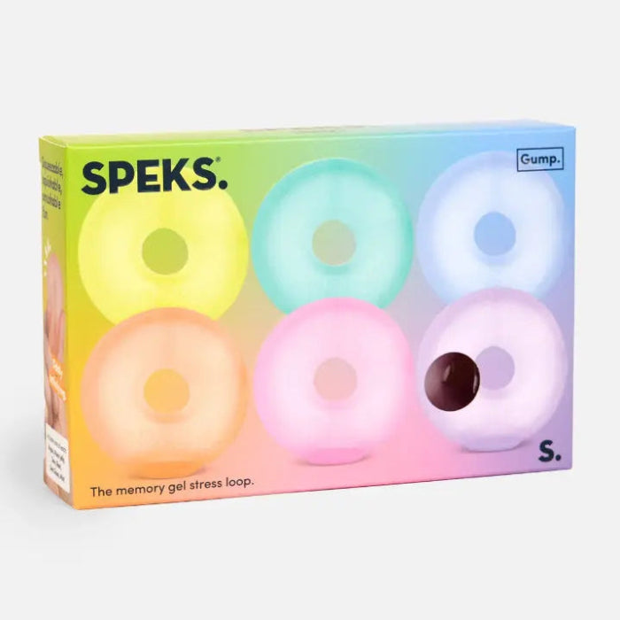 SPEKS memory gel stress loops in pastel colours inside retail packaging — Adventure Awaits