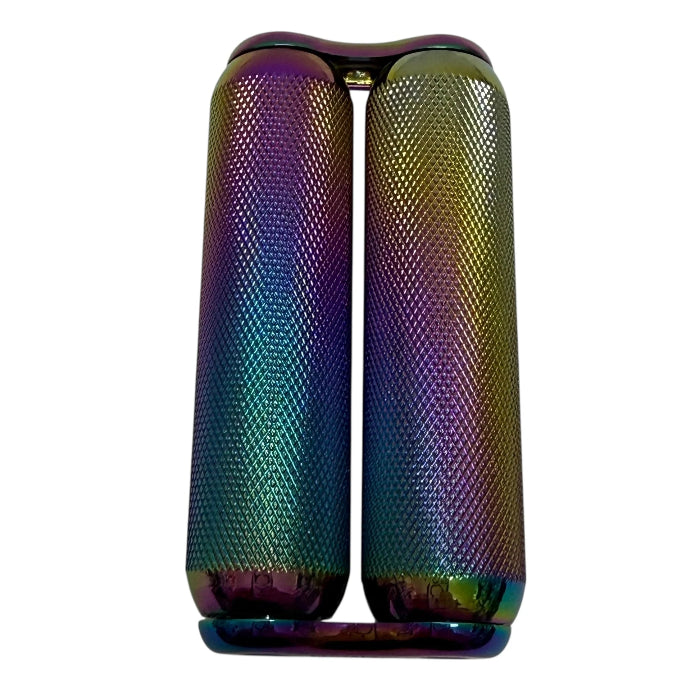 iridescent Kaiko dual hand roller sensory tool with fine textured metal grip pattern