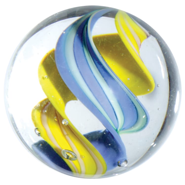 Clear glass marble with blue and yellow twisted swirls — Adventure Awaits