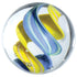 Clear glass marble with blue and yellow twisted swirls — Adventure Awaits