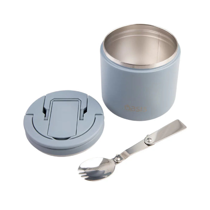 Oasis insulated food jar in blue with lid and foldable spoon, stainless steel lunch container for hot or cold meals on the go or travel Adventure Awaits
