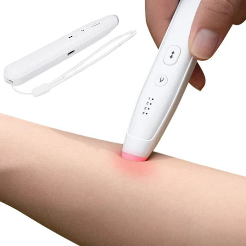 White insect bite relief pen with a pink tip being used on a person's arm, with a close-up of the device in the background.