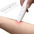 White insect bite relief pen with a pink tip being used on a person's arm, with a close-up of the device in the background.