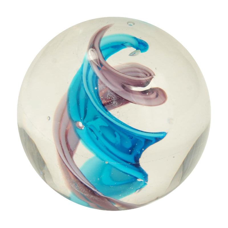 Clear glass marble with blue and purple twisted swirls — Adventure Awaits