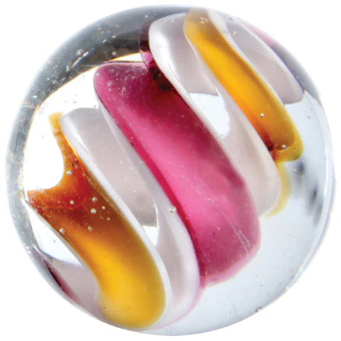 Clear glass marble with pink, white and orange twisted swirls — Adventure Awaits