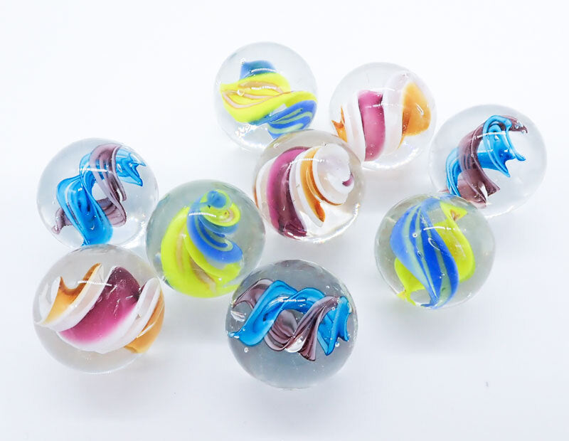 Eight clear glass marbles with colourful twisted swirls in blue, green, pink, orange and purple — Adventure Awaits