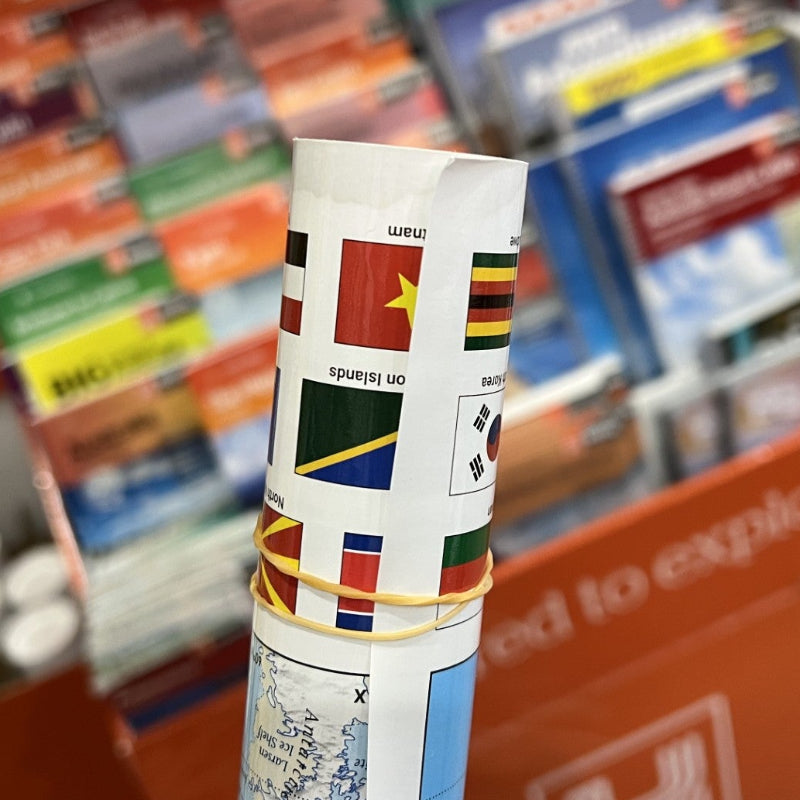 Rolled Hema laminated wall map with slight water damage and country flags Adventure Awaits