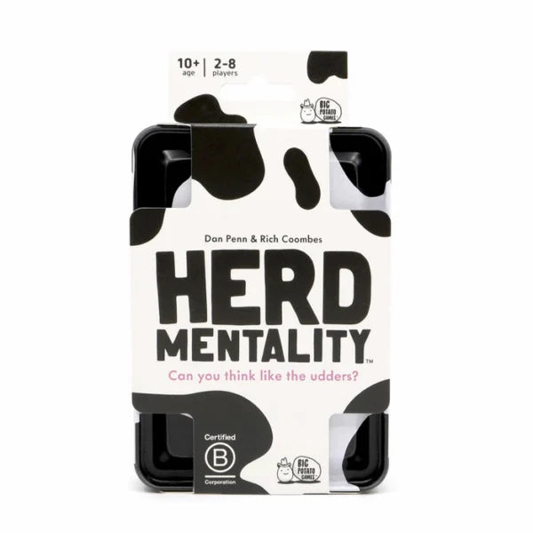 Herd Mentality party game in cow print box and black tray packaging Adventure Awaits