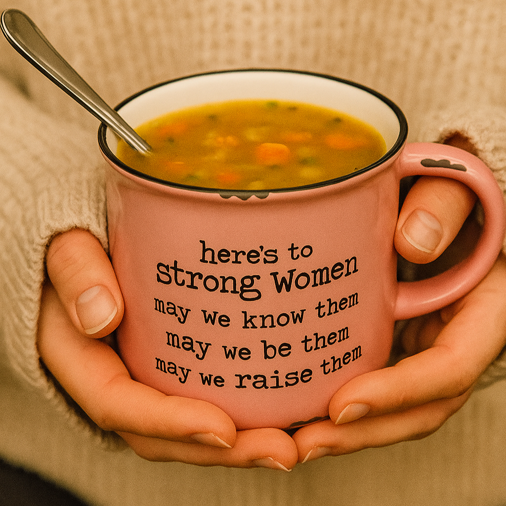 Person holding a pink mug with soup and a motivational quote, wearing a beige sweater.