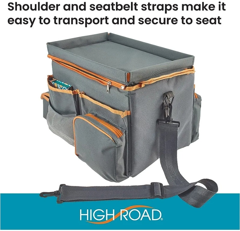 Adventure Awaits High Road CarHop seat cooler organiser with shoulder strap and multiple storage pockets