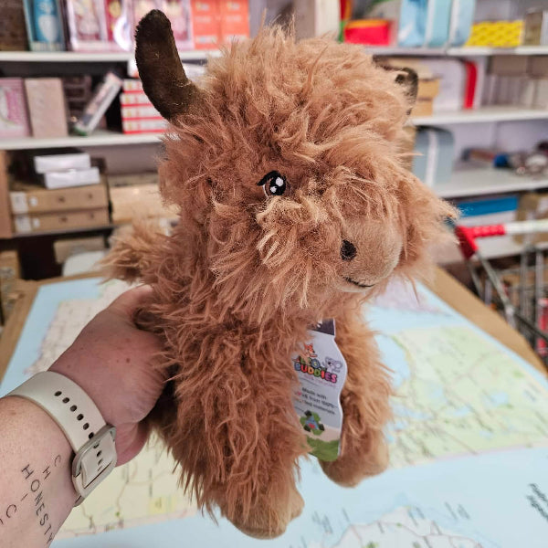 Plush toy highland cow held in a hand with a store shelf in the background