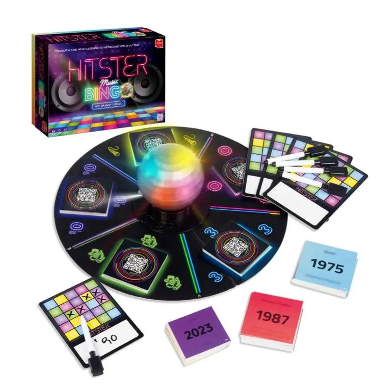 HITSTER Music Bingo game with disco spinner, cards, markers and year tiles — Adventure Awaits