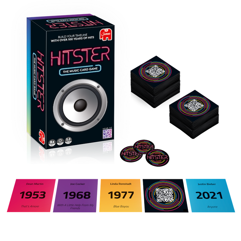 Hitster music party game with QR song cards, tokens and a colourful music timeline — Adventure Awaits
