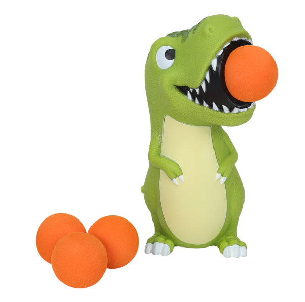 Green T-Rex Popper toy with orange foam balls for kids active play — Adventure Awaits
