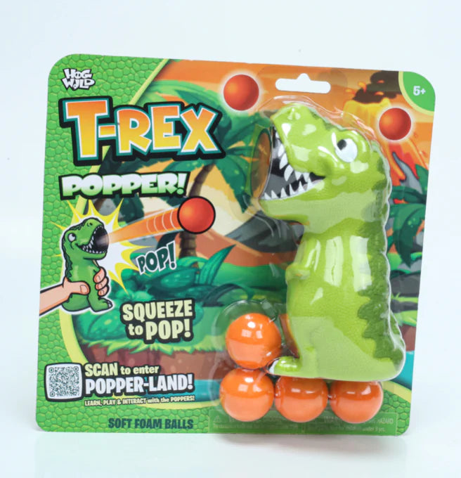 T-Rex Popper toy blister pack with green dinosaur and orange foam balls — Adventure Awaits