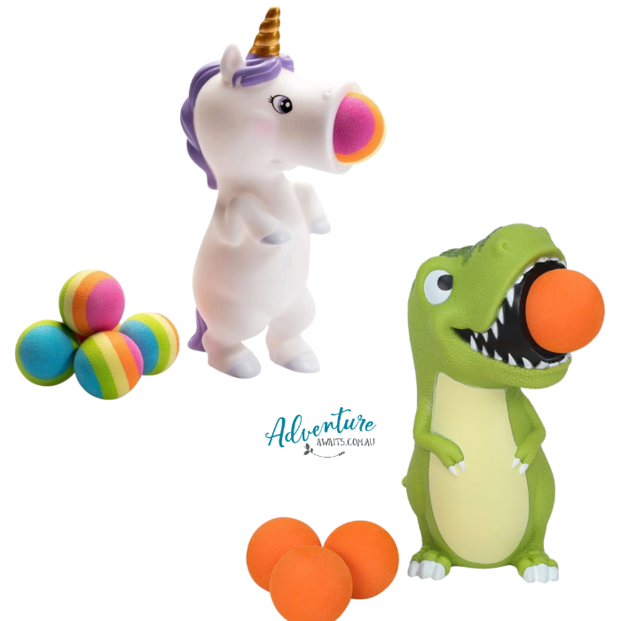 Unicorn and dinosaur popper toys with colourful foam balls for kids active play — Adventure Awaits