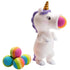 White unicorn popper toy with purple mane and rainbow foam balls for kids active play — Adventure Awaits