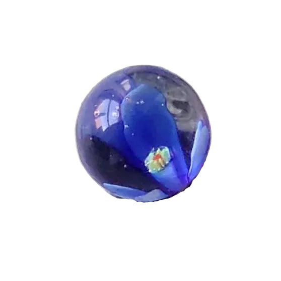 Blue glass marble with deep blue flower-like swirls and small multicoloured centre — Adventure Awaits
