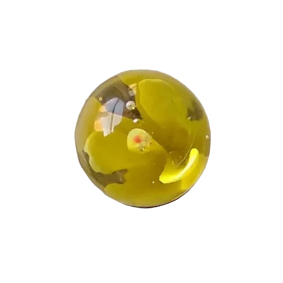 Yellow glass marble with flower-like swirls and small multicoloured centre — Adventure Awaits