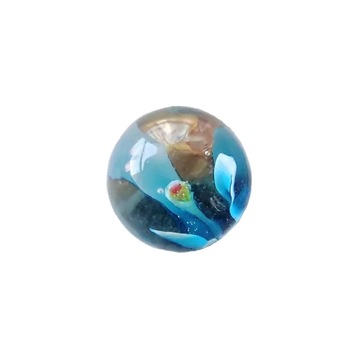 Blue glass marble with aqua swirls and small multicoloured centre detail — Adventure Awaits