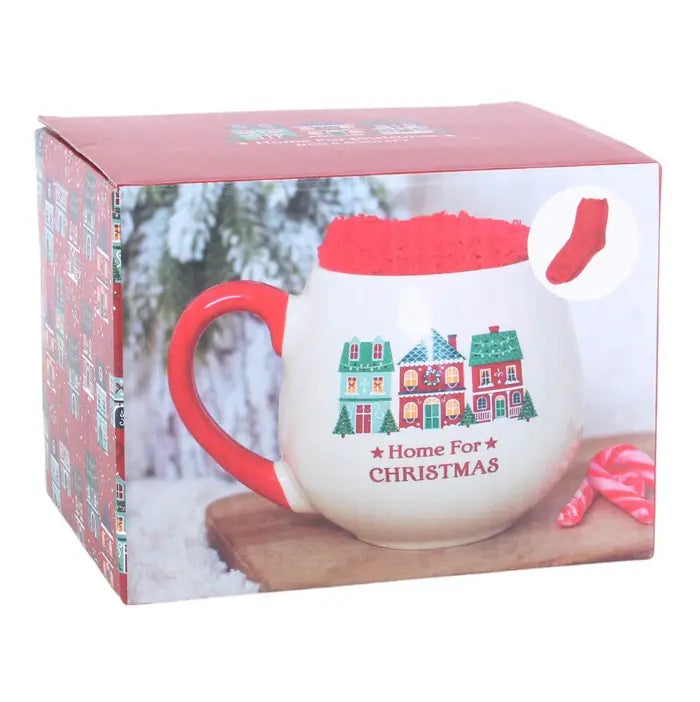 Boxed Home for Christmas ceramic mug with red handle and matching red fluffy socks — Adventure Awaits
