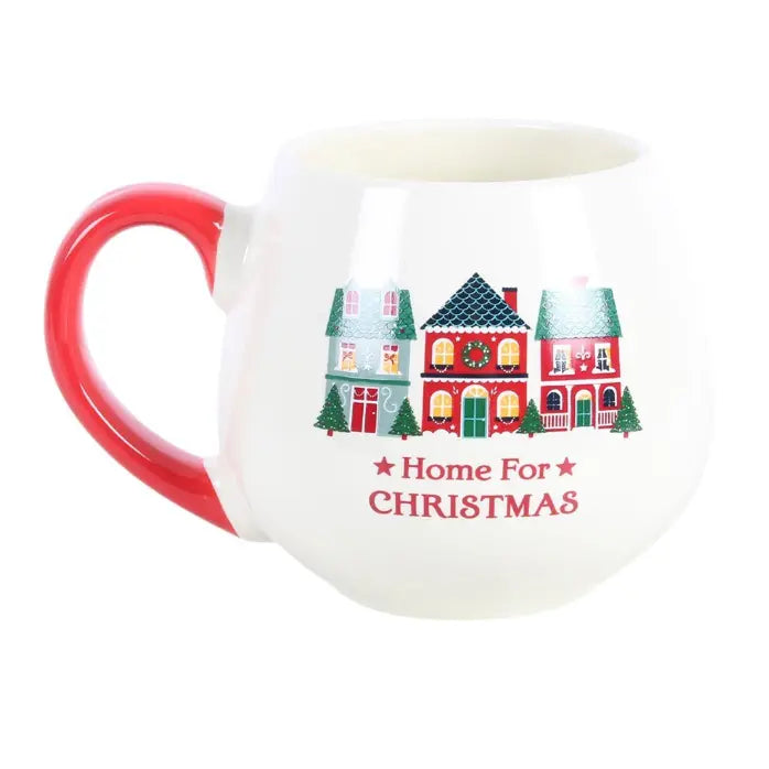 Home for Christmas ceramic mug with red handle and colourful festive house design — Adventure Awaits