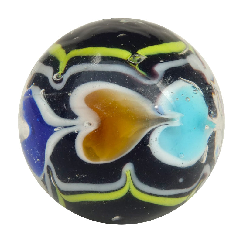 Black glass marble with aqua, amber and blue floral swirls and lime green accents — Adventure Awaits