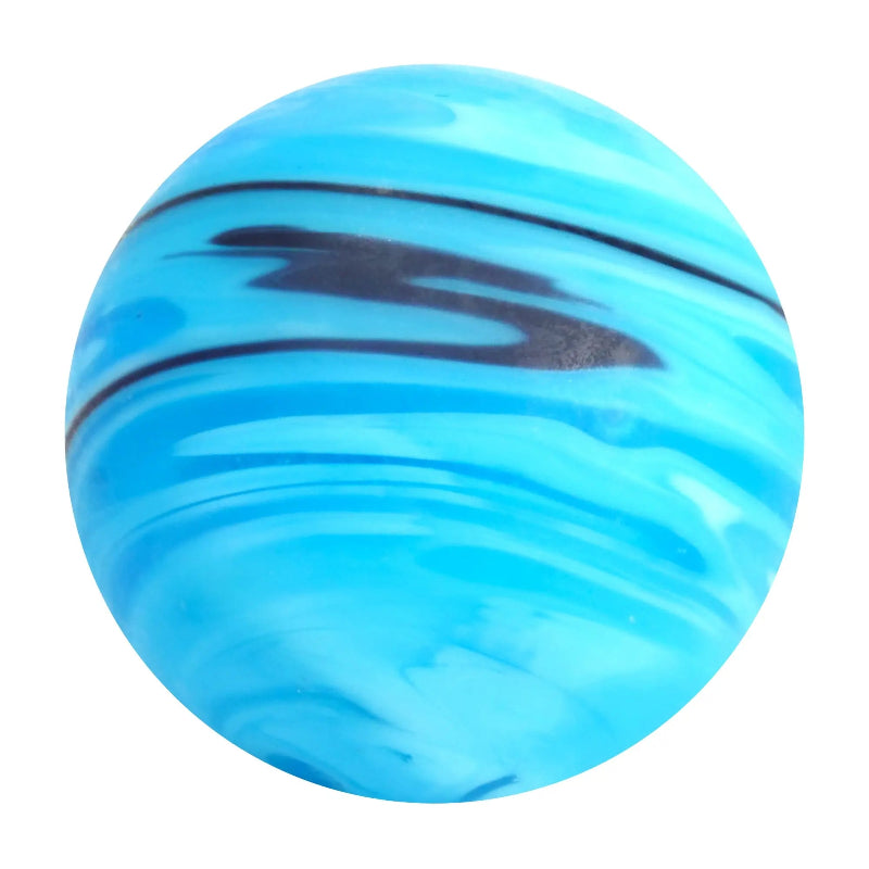 Blue glass marble with light and dark blue diagonal swirls — Adventure Awaits