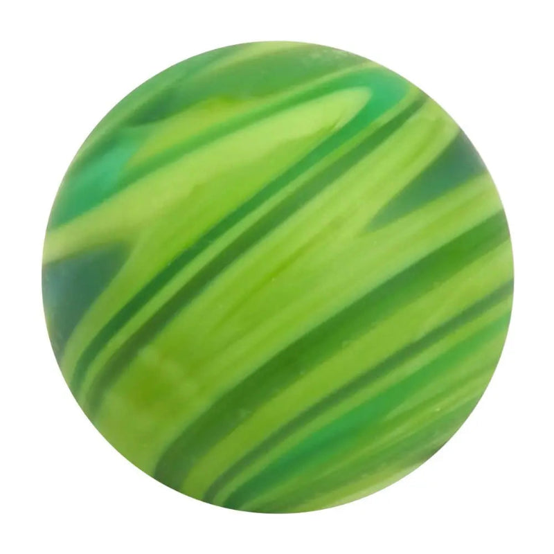 Green glass marble with light and dark green diagonal swirls — Adventure Awaits